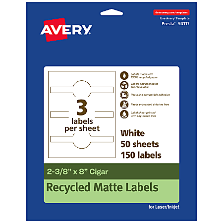 Avery® Recycled Paper Labels, 94117-EWMP50, Cigar, 2-3/8" x 8", White, Pack Of 150