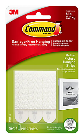 Command Medium Picture Hanging Strips 3 Pairs 6 Command Strips Damage Free White Office Depot