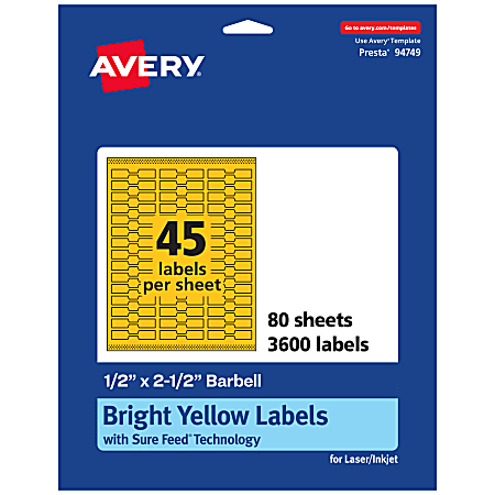 Avery® Printable Labels With Sure Feed® Technology, 94749-BYP80, Barbell, 1/2" x 2-1/2", Matte Bright Yellow, Pack of 3600