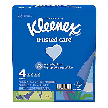 Kleenex® Trusted Care 2-Ply Facial Tissues, White, 70 Tissues Per Box, Pack Of 4