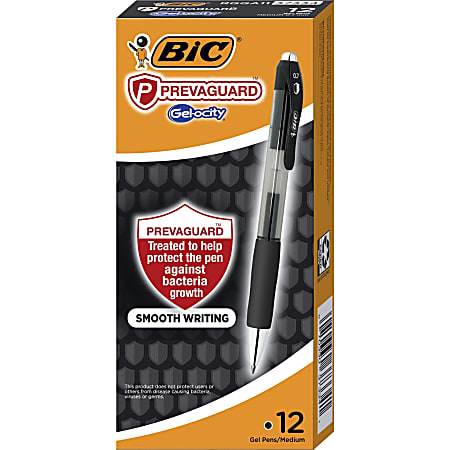 BIC® PrevaGuard Gel-ocity Gel Pens, Pack Of 12, Medium Point, 0.7 mm, Black Barrel, Black Ink