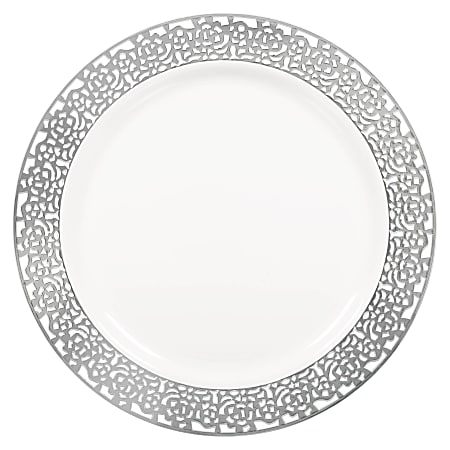 Amscan Premium Plastic Plates With Trim, 7-1/2", Lace, White/Silver, Pack Of 20 Plates
