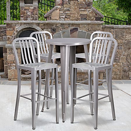 Flash Furniture Commercial Grade Round Metal Indoor-Outdoor Bar Table Set With 4 Vertical Slat Back Stools, 41"H x 24"W x 24"D, Silver