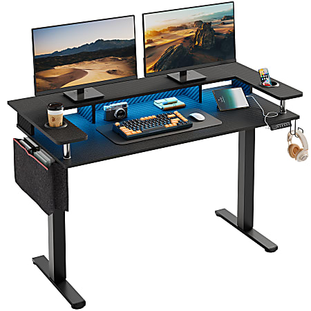 Bestier 59 W Electric Adjustable Height Standing Desk With Monitor Riser Cup Holder And Hooks Carbon Fiber Black