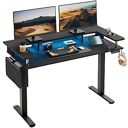 Bestier 59"W Electric Adjustable-Height Standing Desk With Monitor Riser, Cup Holder And Hooks, Carbon Fiber Black