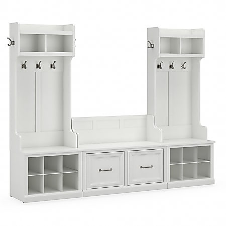Bush Furniture Woodland Entryway Storage Set with Hall Trees and Shoe Bench with Doors, White Ash, Standard Delivery