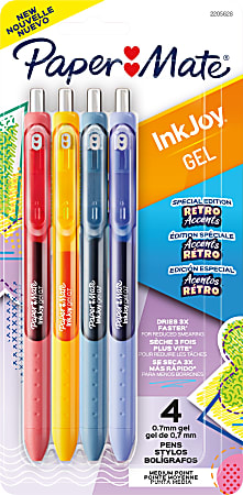 Paper Mate InkJoy Gel Pens, Medium Point, 0.7 mm, Assorted Retro Accents Colors, Pack Of 4 Pens