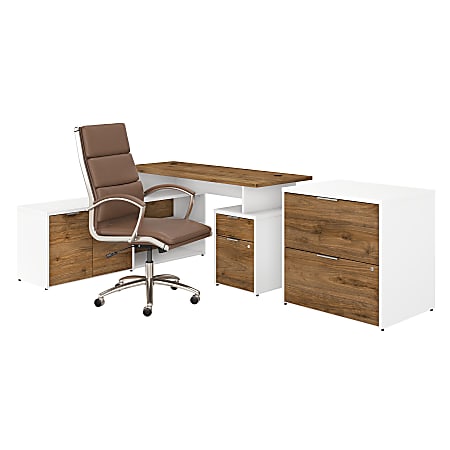Bush Business Furniture Jamestown 60"W L-Shaped Desk With Lateral File Cabinet And High-Back Office Chair, Fresh Walnut/White, Premium Installation