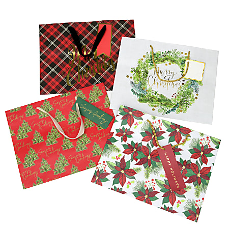 Gartner™ Studios Large Holiday Gift Bags, Traditional, 10"H x 12"W x 5"D, Assorted Colors, Pack Of 4 Bags