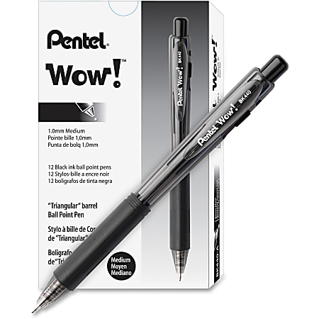 Pentel® WOW! Retractable Ballpoint Pens, Pack Of 36, Medium Point, Transparent Barrel, Black Ink