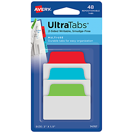 Avery® Multiuse Ultra Tabs®, 2-Side Writable, 2" x 1.5", Red/Blue/Green, Pack Of 48 Repositionable Tabs
