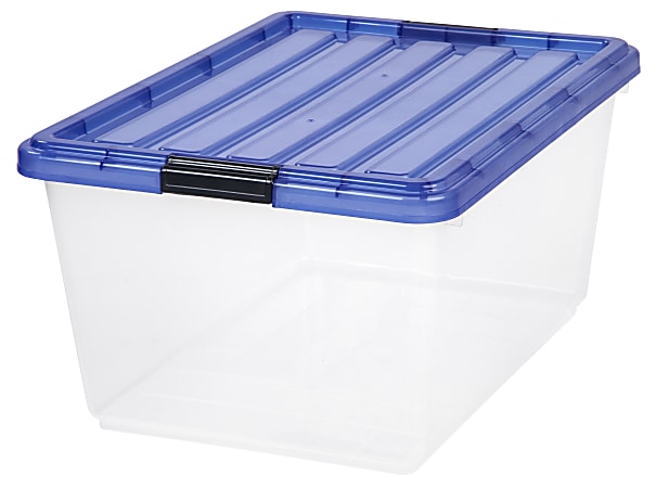 IRIS® Buckle Down Plastic Storage Container With Built-In Handles And Snap Lid, 44 Quarts, 21 3/4" x 15 3/4" x 10 5/8", Clear/Purple