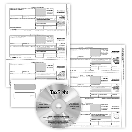 ComplyRight® 1099-NEC Recipient Copy Only Tax Form Set, 3-Part, 2-Up, with Envelopes & TaxRight Software, Pack of 50