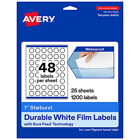 Avery® Waterproof Permanent Labels With Sure Feed®, 94606-WMF25, Starburst, 1", White, Pack Of 1,200
