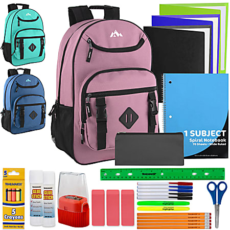 Trailmaker Double Buckle Backpacks With 30-Piece School Supply Kits, Blue/Green/Purple, Total Qty 12