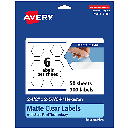 Avery® Permanent Labels With Sure Feed®, 94121-CMF50, Hexagon, 2-1/2" x 2-57/64", Matte Clear, Pack Of 300