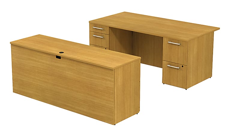 BBF 300 Series Executive Double-Pedestal Desk With Credenza, 29 1/10"H x 71 1/10"W x 99 1/2"D, Modern Cherry, Standard Delivery Service