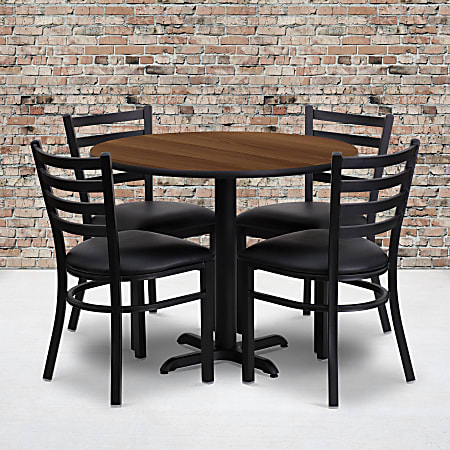 Flash Furniture Round Table With X-Base And 4 Ladder-Back Chairs, 30" x 36", Walnut/Black