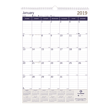 Blueline® DuraGlobe™ Monthly Wall Calendar, 12" x 17", FSC Certified, White, January to December 2019