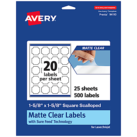 Avery® Permanent Labels With Sure Feed®, 94110-CMF25, Square Scalloped, 1-5/8" x 1-5/8", Matte Clear, Pack Of 500