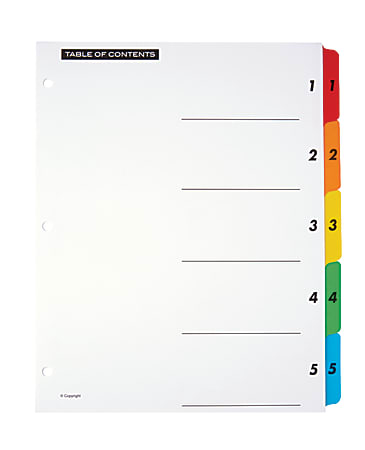 Office Depot® Brand Table Of Contents Customizable Index With Preprinted Tabs, Assorted Colors, Numbered 1-5