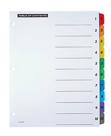 Office Depot® Brand Table Of Contents Customizable Index With Preprinted Tabs, Multicolor, Numbered 1-10