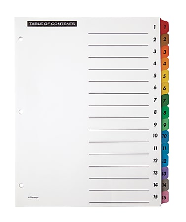 Office Depot® Brand Table Of Contents Customizable Index With Preprinted Tabs, Assorted Colors, Numbered 1-15