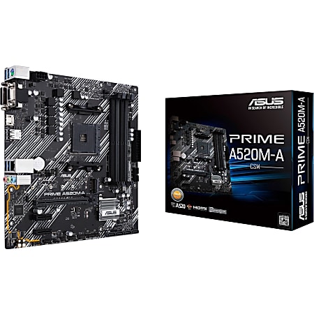Asus Prime A520M-A/CSM Desktop Motherboard - AMD A520 Chipset - Socket AM4 - Micro ATX - 128 GB DDR4 SDRAM Maximum RAM - UDIMM, DIMM - 4 x Memory Slots - Gigabit Ethernet - HDMI - 4 x SATA Interfaces