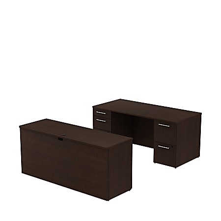 Bush Business Furniture 300 Series Office Desk With Credenza And Storage, 66"W x 30"D, Mocha Cherry, Premium Installation