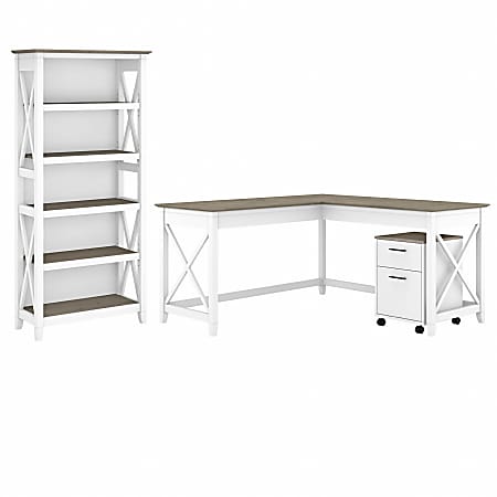 Bush Business Furniture Key West 60"W L-Shaped Corner Desk With 2-Drawer Mobile File Cabinet And 5-Shelf Bookcase, Shiplap Gray/Pure White, Standard Delivery