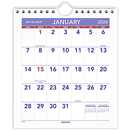 2024 AT-A-GLANCE® Monthly Wall Calendar, 6-1/2" x 7-1/2", January To December 2024, PM528