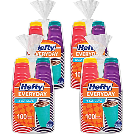 Hefty Everyday 16 oz Disposable Party Cups - 16 fl oz - Yellow, Purple, Red, Teal, Assorted Bright - Plastic - Cold Drink, Party - 100 Pack - 4/Carton