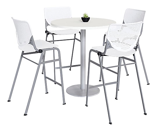 KFI Studios KOOL Round Pedestal Table With 4 Stacking Chairs, 41"H x 36"D, Designer White/White