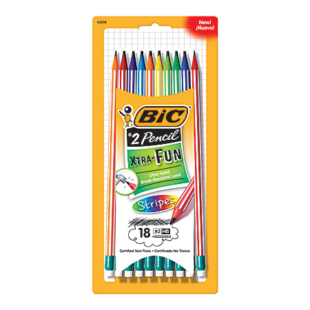 BIC® Xtra Fun Pencils, Stripes, #2 HB Lead, Assorted Colors, Pack Of 18