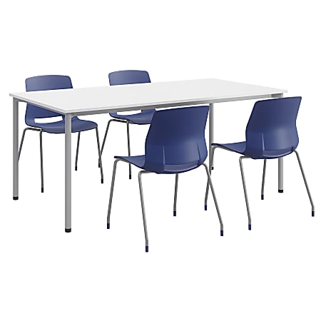 KFI Studios Dailey Table With 4 Chairs, White/Silver Table, Navy/Silver Chairs