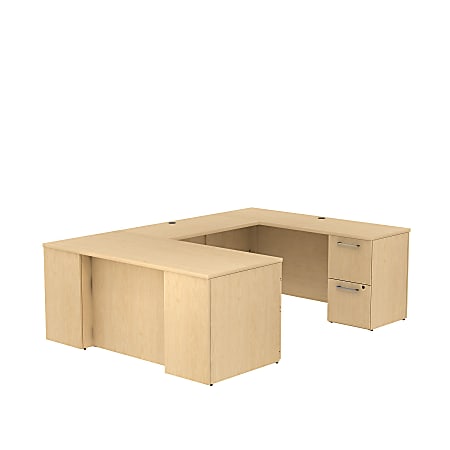 Bush Business Furniture 300 Series U Shaped Desk With 2 Pedestals, 66"W x 30"D, Natural Maple, Premium Installation