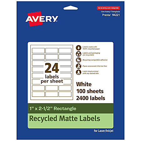 Avery® Recycled Paper Labels, 94221-EWMP100, Rectangle, 1" x 2-1/2", White, Pack Of 2400
