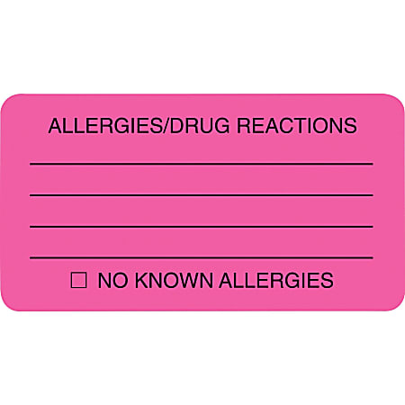 Tabbies® Permanent "Allergy/Drug Reaction" Label Roll, TAB01730, Pink, Roll Of 250