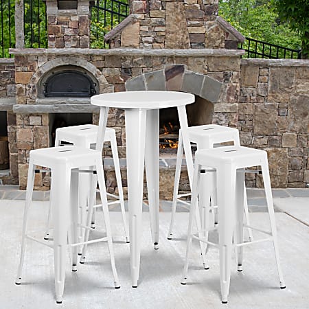 Flash Furniture Commercial-Grade Round Metal Indoor/Outdoor Bar Table Set With 4 Square Backless Stools, 41"H x 24"W x 24"D, White