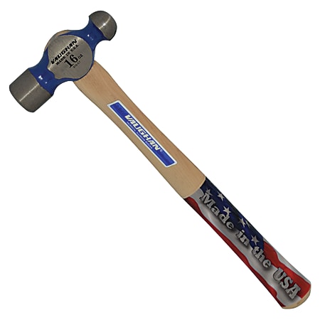 Commercial Ball Pein Hammer, Hickory Handle, 13-3/4 in, Forged Steel 16 oz Head