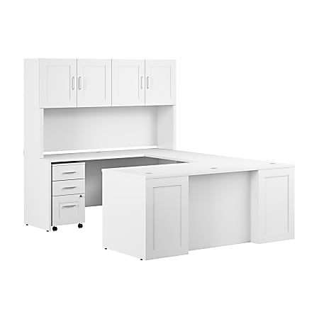 Bush Business Furniture Hampton Heights 72"W U-Station With Hutch And 3-Drawer Mobile File Cabinet, White, Standard Delivery