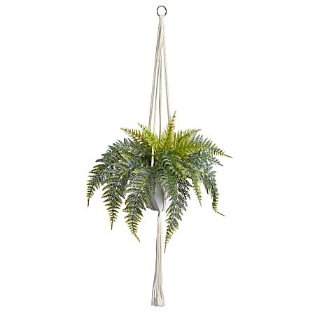 Nearly Natural Hanging Fern 25”H Artificial Plant With Decorative Basket, 25”H x 16”W x 12”D, Green/White