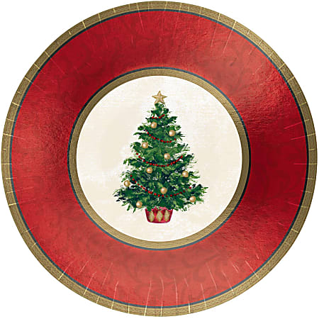 Amscan Classic Christmas Tree Round Metallic Plates, 12", Red, 8 Plates Per Pack, Case Of 2 Packs