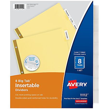 Avery® Big Tab™ Insertable Dividers, Gold Reinforced, Buff/Clear, 8 1/2" x 11", 8-Tab, Pack Of 24