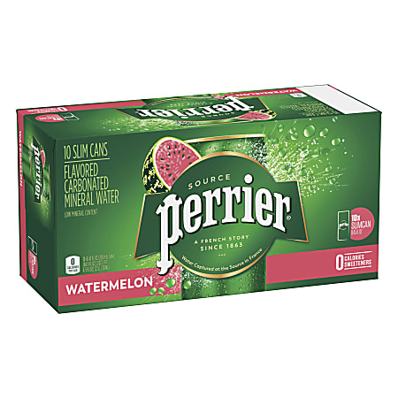 Perrier Sparkling Mineral Water, Watermelon, 8.45 Oz, Pack Of 10 Cans