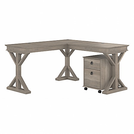 Bush® Furniture Homestead 60"W Farmhouse L-Shaped Desk With Mobile File Cabinet, Driftwood Gray, Standard Delivery