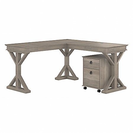 Bush Business Furniture Homestead 60"W Farmhouse L-Shaped Corner Desk With Mobile File Cabinet, Driftwood Gray, Standard Delivery