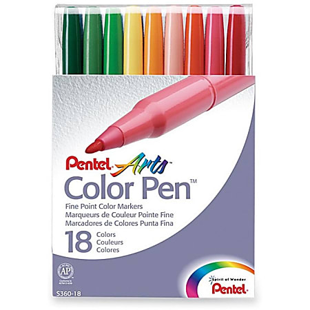 Pentel Arts Fine Point Color Pen Markers - Fine, Bold Marker Point - Assorted Water Based Ink - 18 / Set