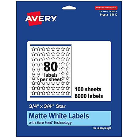 Avery® Permanent Labels With Sure Feed®, 94610-WMP100, Star, 3/4" x 3/4", White, Pack Of 8,000