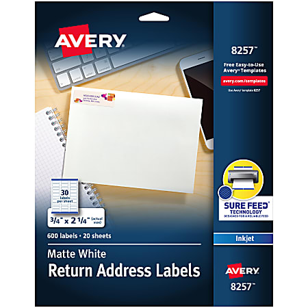 Avery® Return Address Label With Sure Feed® Technology, 8257, Rectangle, 3/4" x 2-1/4", White, Pack Of 600 Labels